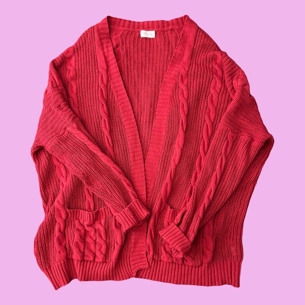 pink lily oversized red cable knit cardigan with pockets, size S/M